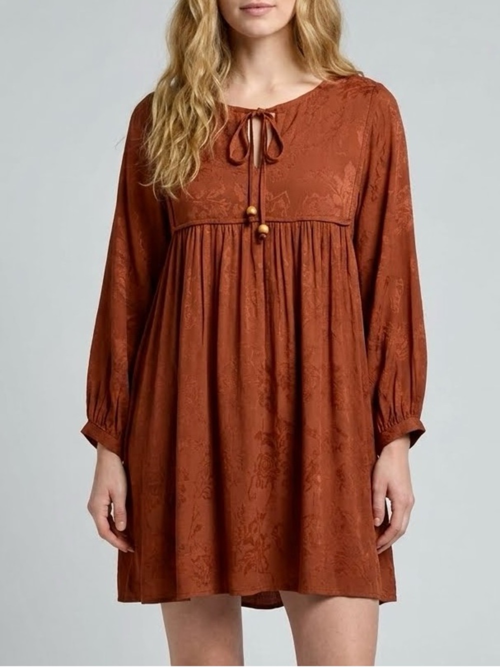 Natural Life Long Sleeve Rose Boho Mini Tunic Dress Copper Orange Fall Boho L